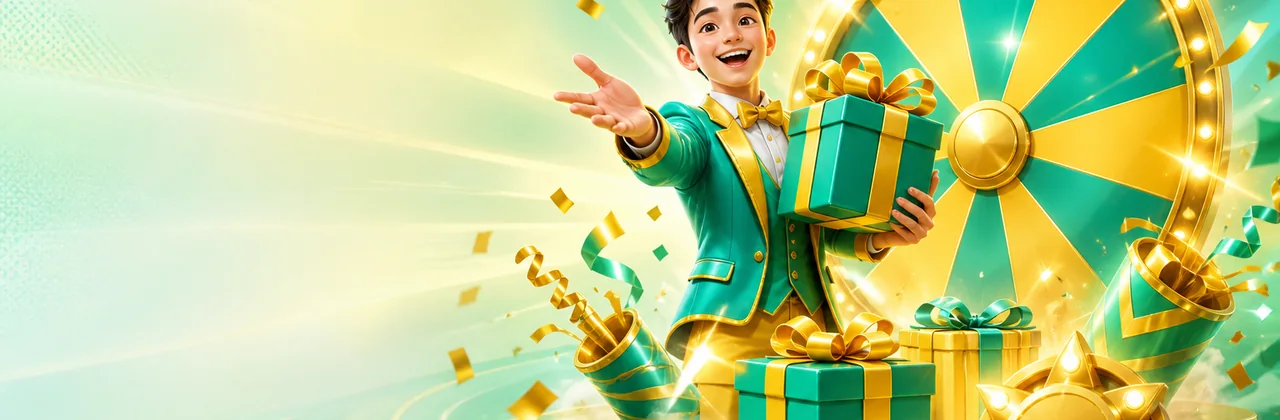 Banner sự kiện với hộp quà, vòng quay may mắn và pháo giấy
